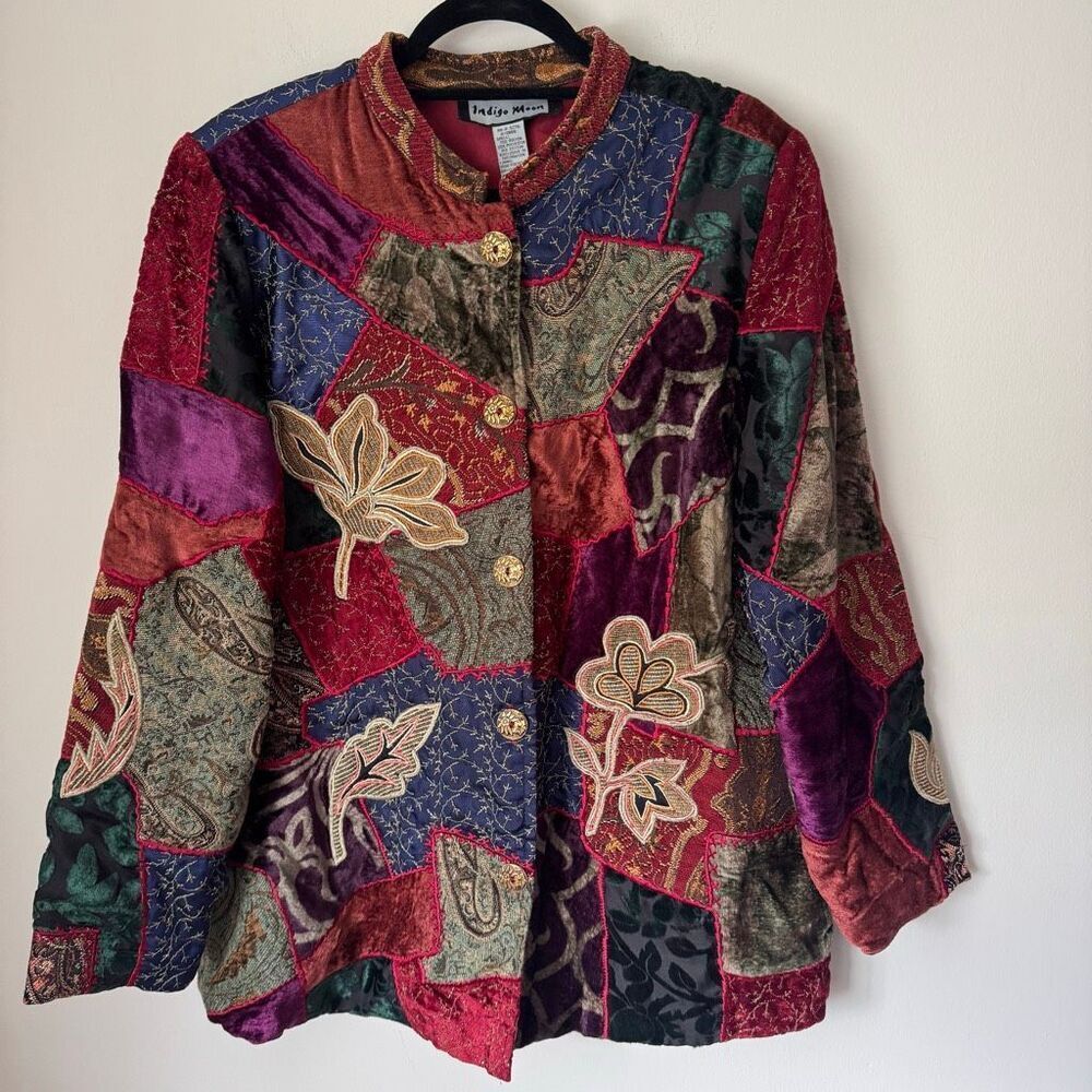 Vintage Indigo Moon Velvet Patchwork Embroidery Floral Jacket Size L